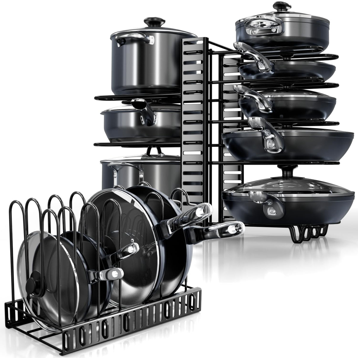 KOMFORA under-cabinet pot organizer keeps cookware within easy reach.