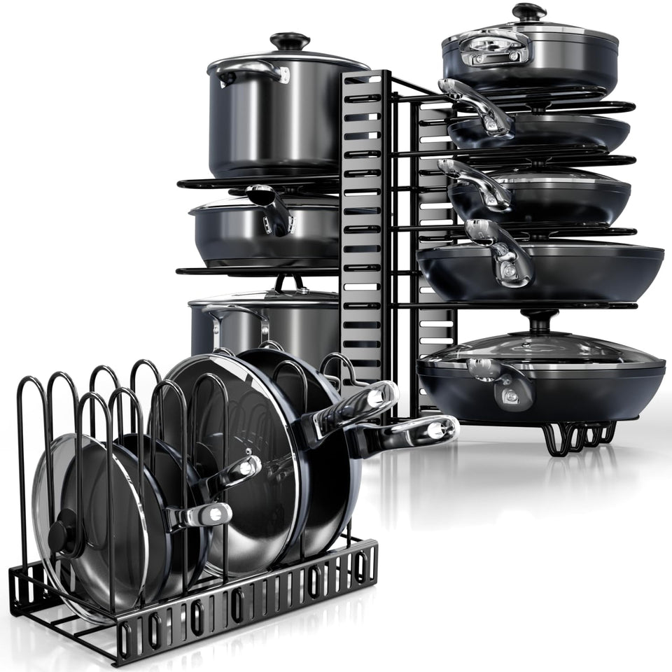 KOMFORA under-cabinet pot organizer keeps cookware within easy reach.