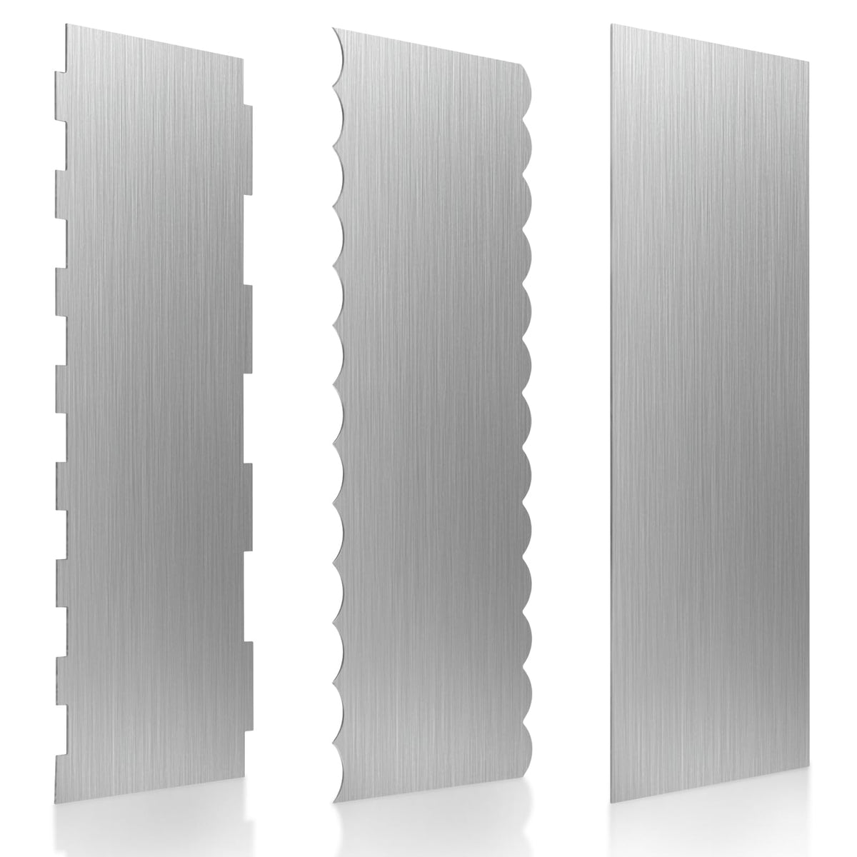 Komokeru 3pc cake scraper 8-7 inch set for precise edge finishes in cake decorating.
