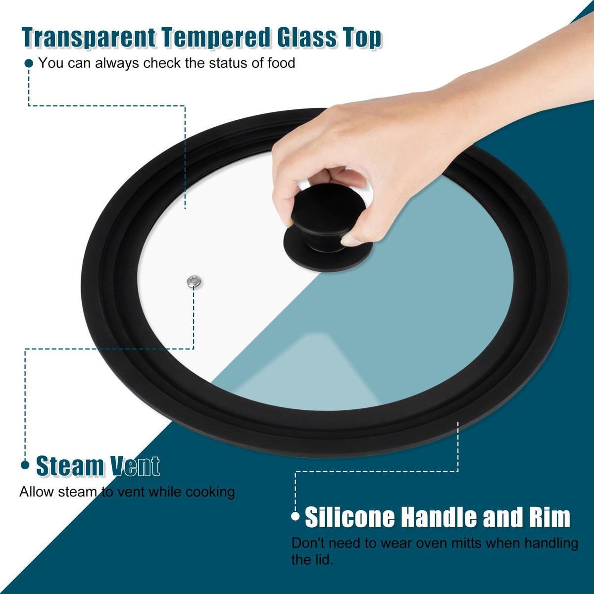 Komokeru universal lid on a 9-inch pan with heat-resistant silicone edge