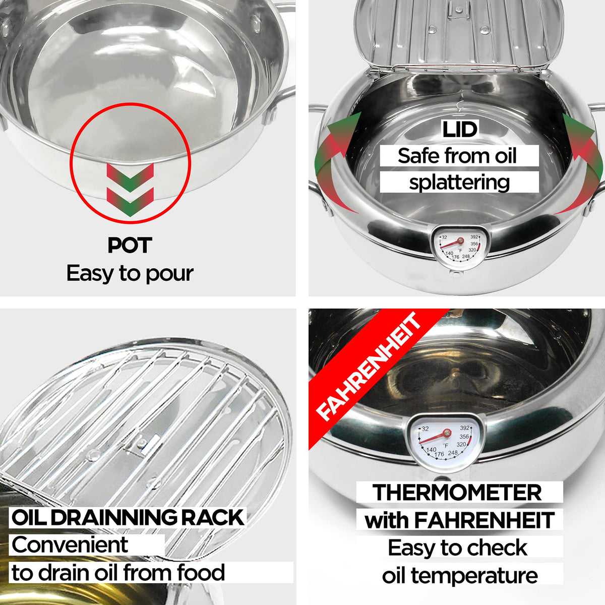 KOMONG pot includes oil drain rack to rest fried items and drain excess oil.