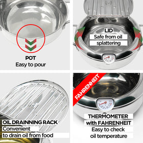 KOMONG pot includes oil drain rack to rest fried items and drain excess oil.