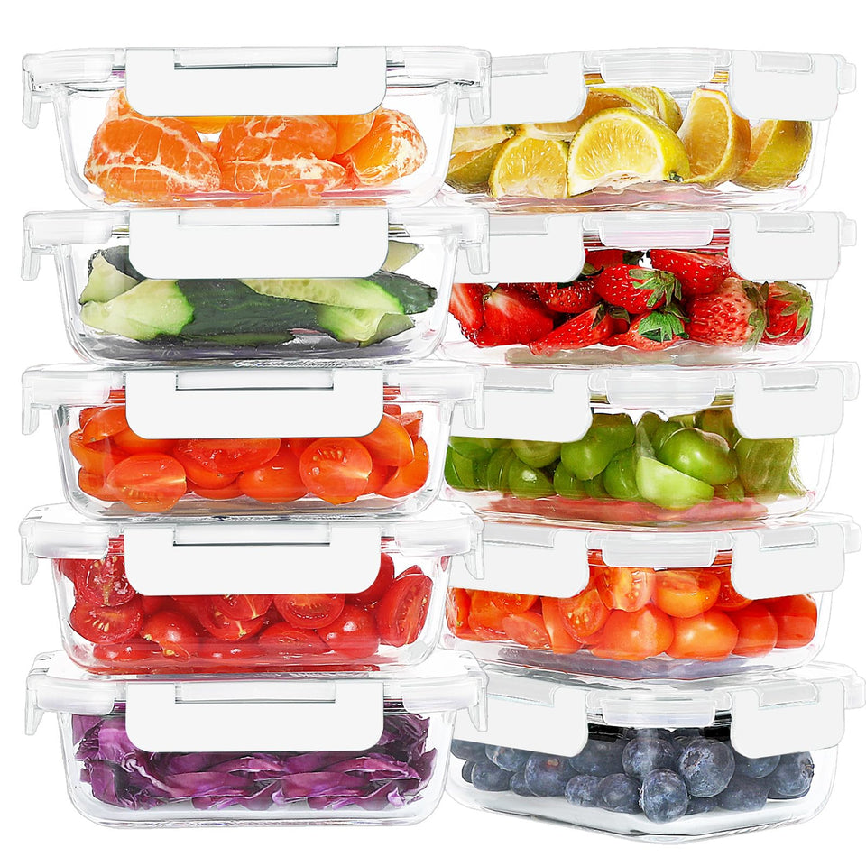 KOMUEE 10-pack 22oz glass meal prep containers for versatile portioning.
