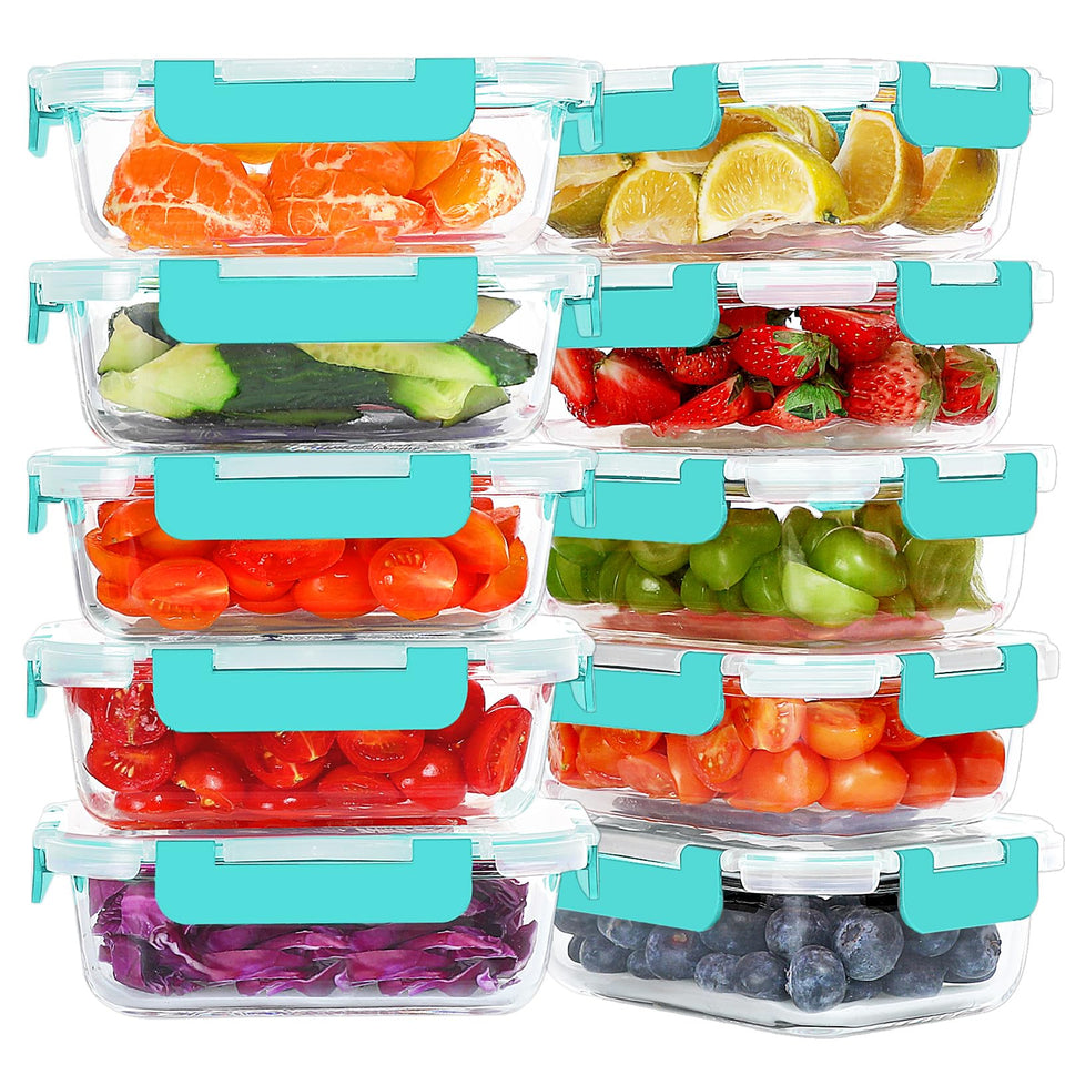 KOMUEE glass meal prep containers stacked to save kitchen space.