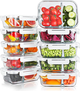 KOMUEE 10-pack 30oz glass containers for organized, portion-controlled meals.