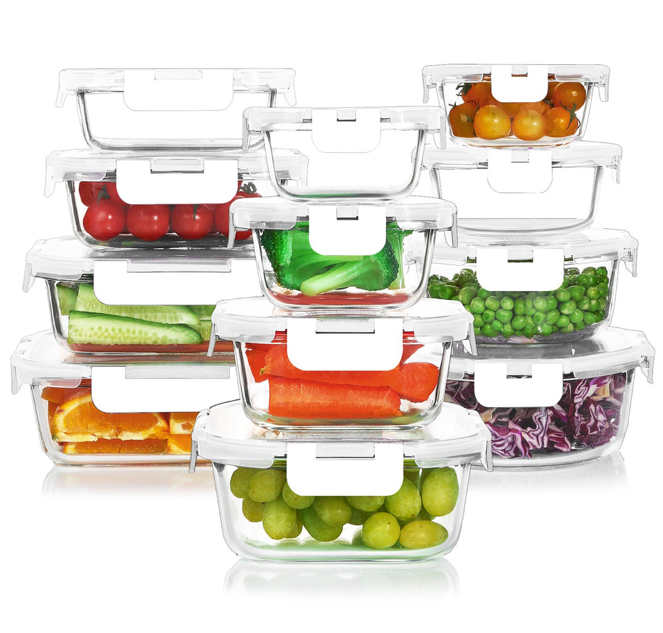 KOMUEE 24-piece glass meal prep set for organized lunches and leftovers