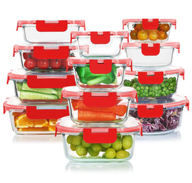 KOMUEE 24-piece glass storage set arranged for organized fridge and meal prep.