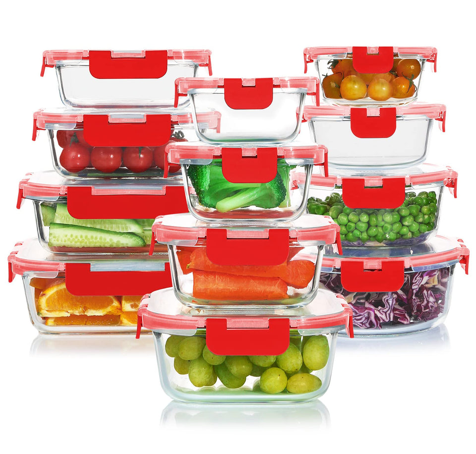 KOMUEE 24-piece glass storage set arranged for organized fridge and meal prep.