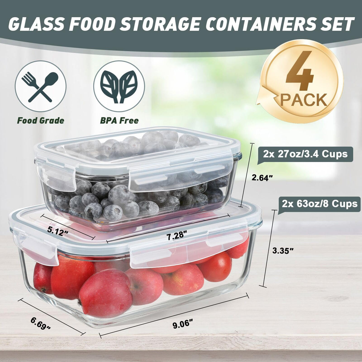 KOMUEE 27oz glass container with lid for salads and snacks.