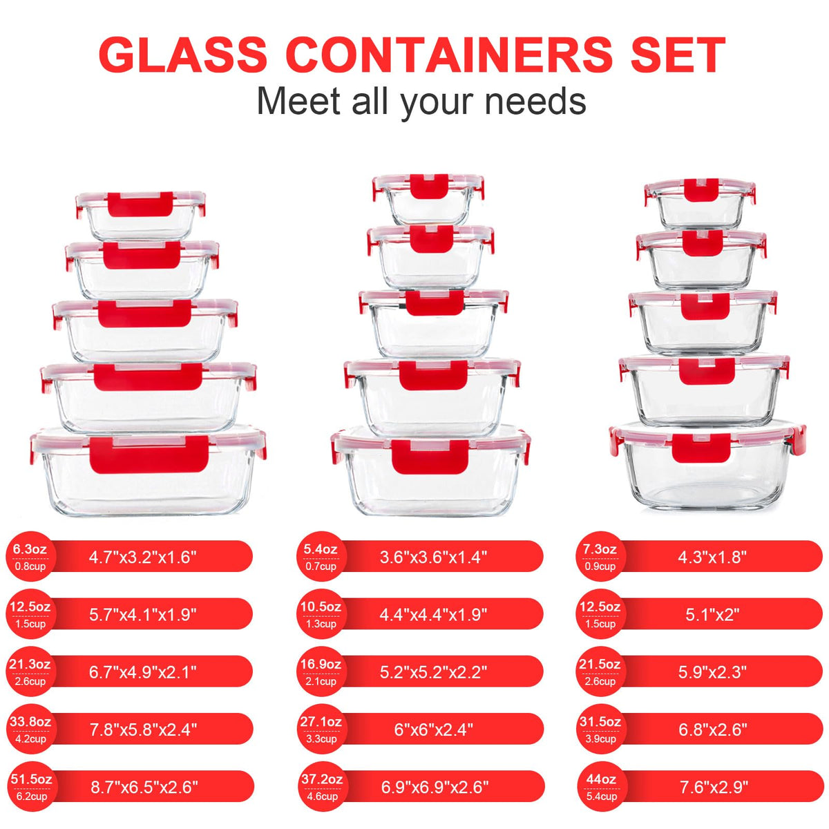 KOMUEE 44oz glass container with snap lid for leftovers and easy reheating.