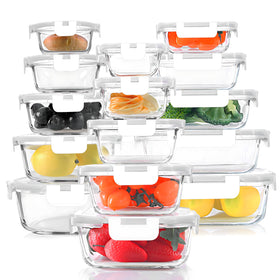KOMUEE glass containers with snap lids for tidy fridge organization.