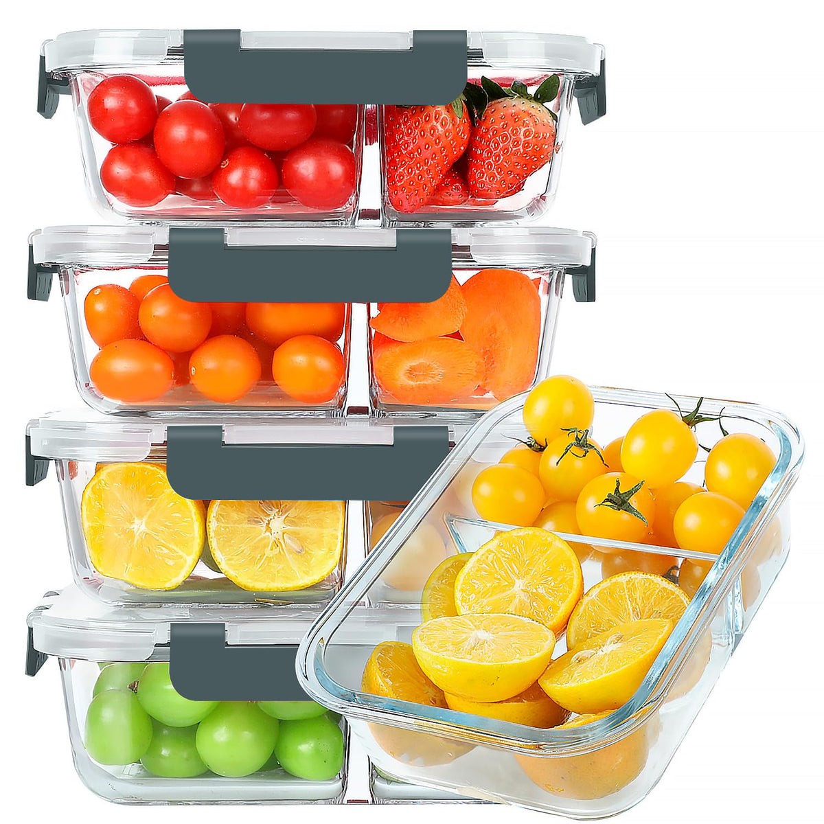 KOMUEE 30 oz glass meal prep container front view with two compartments for organized meals