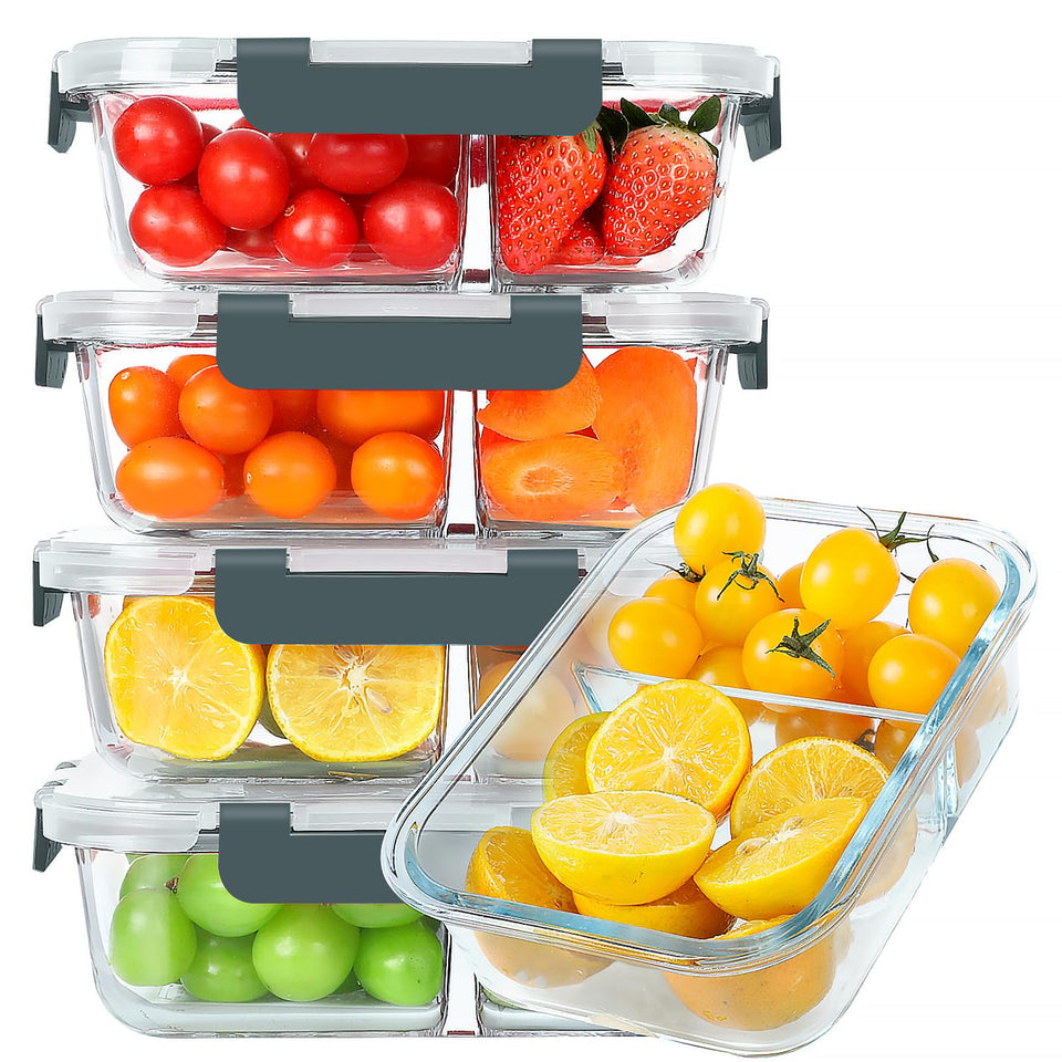 KOMUEE 30 oz glass meal prep container front view with two compartments for organized meals