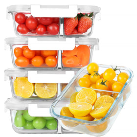 KOMUEE 30 oz two-compartment glass container for meal prep with airtight lid.