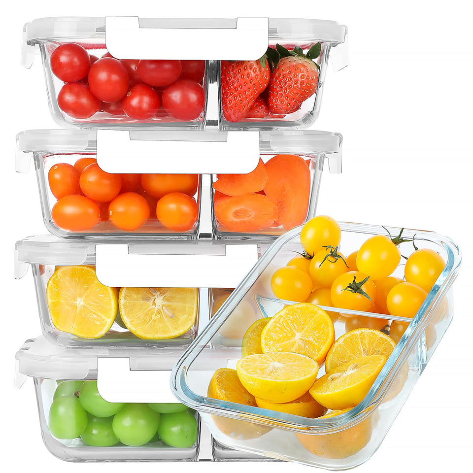 KOMUEE 30 oz two-compartment glass container for meal prep with airtight lid.
