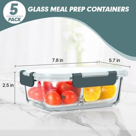 Five-pack KOMUEE glass containers arranged for weekly meal planning