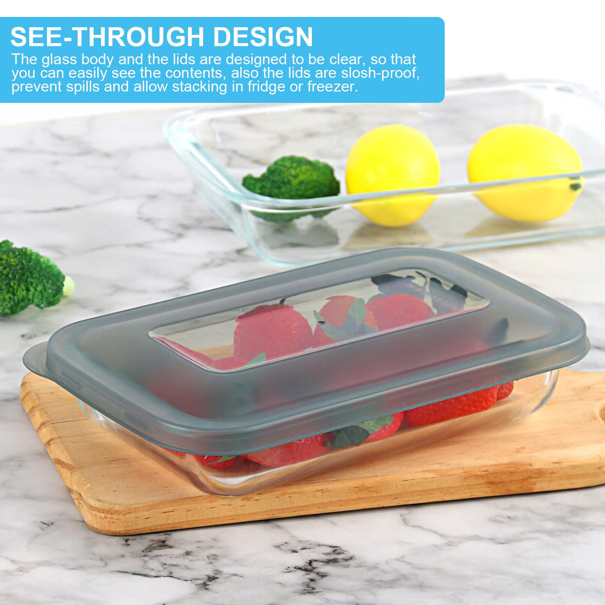 KOMUEE borosilicate glass bakeware with wide handles for safe oven transfer.