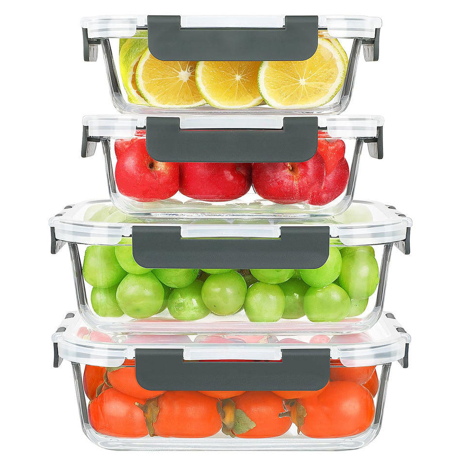 KOMUEE four-pack 52oz glass containers with clear borosilicate glass for bulk meals.