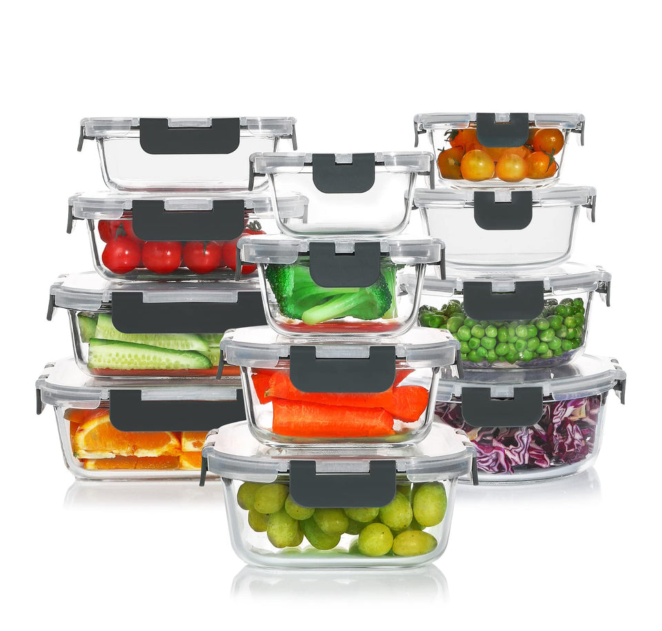 KOMUEE glass containers set for versatile lunch storage and meal prep.