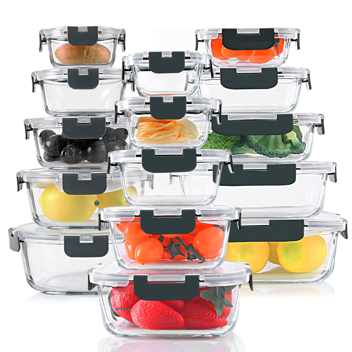 KOMUEE 30-piece glass storage set arranged for organized meal prep and freshness.