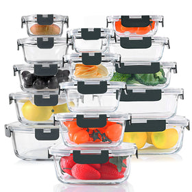 KOMUEE 30-piece glass storage set arranged for organized meal prep and freshness.