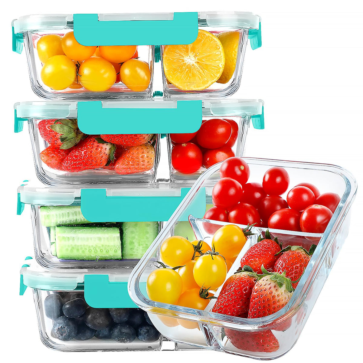 KOMUEE glass meal prep container with 3 compartments and 36 oz capacity for portion control.