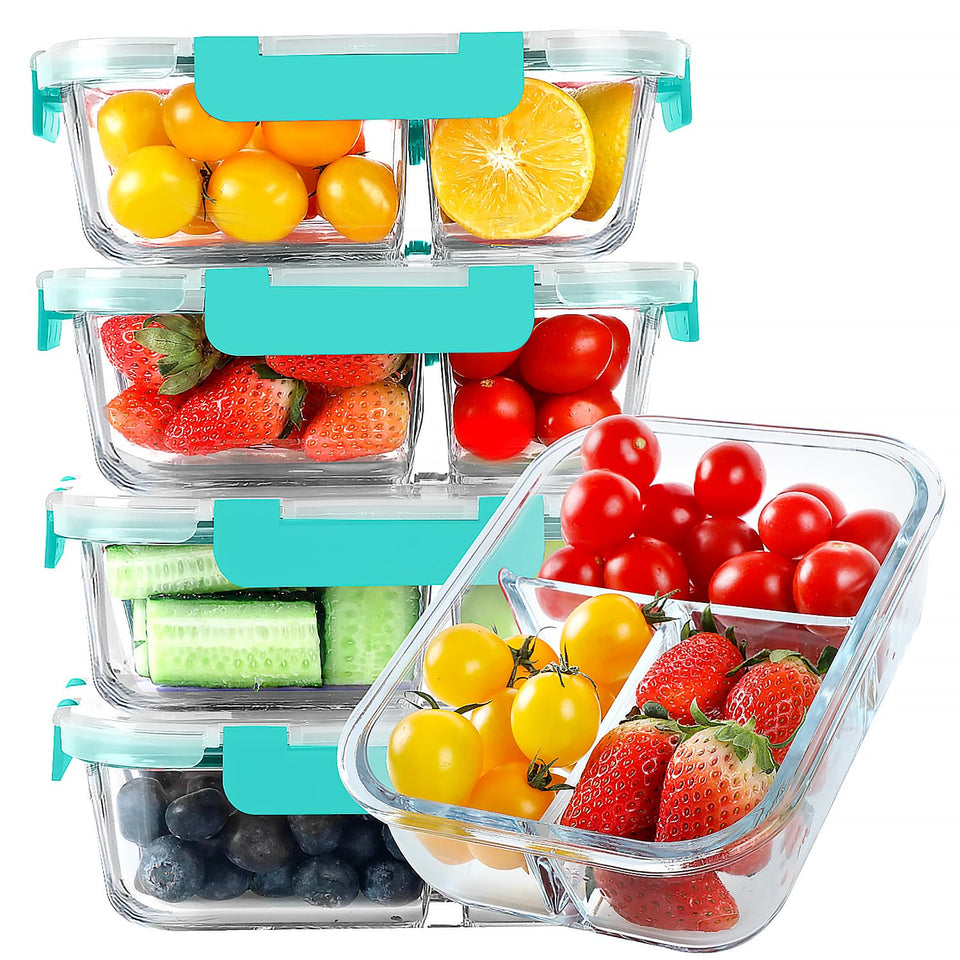 KOMUEE glass meal prep container with 3 compartments and 36 oz capacity for portion control.