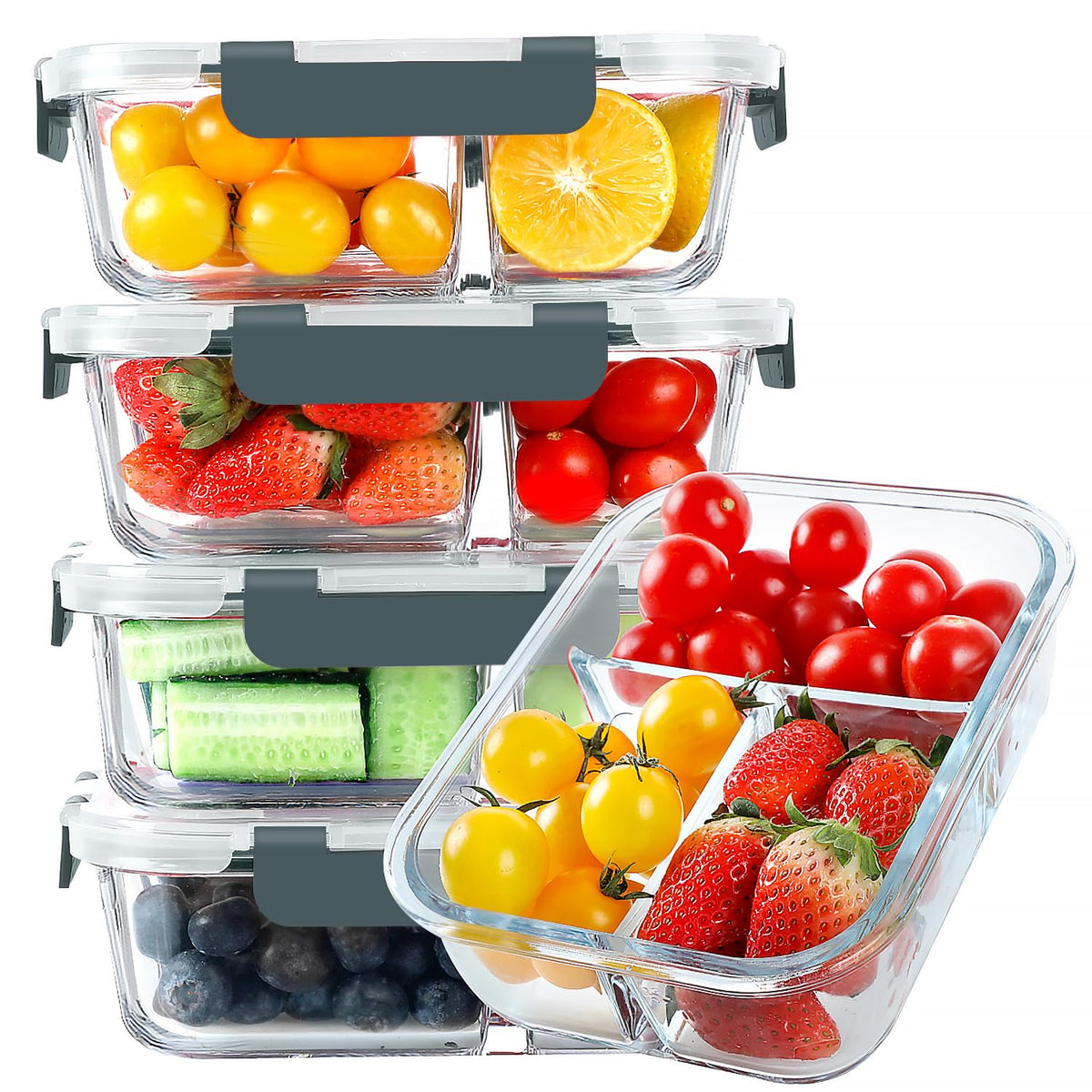 KOMUEE glass meal prep containers full set in fridge for organized weekly lunches.