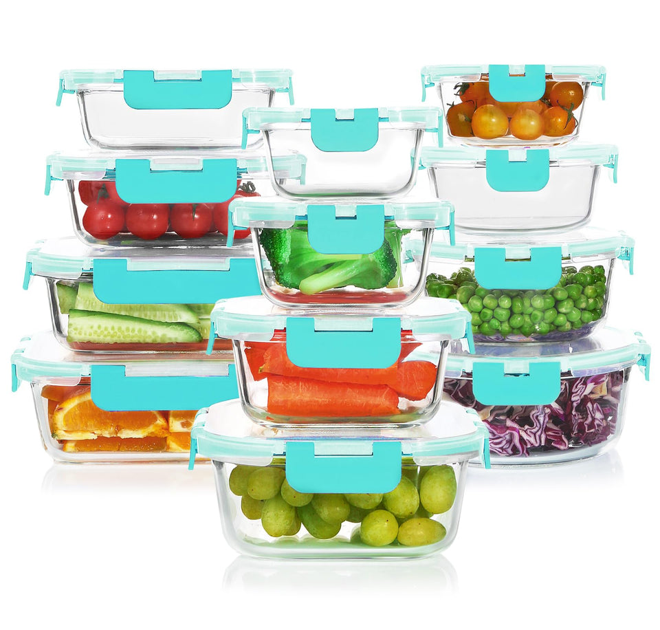 KOMUEE glass meal prep containers set for organized, reusable storage.