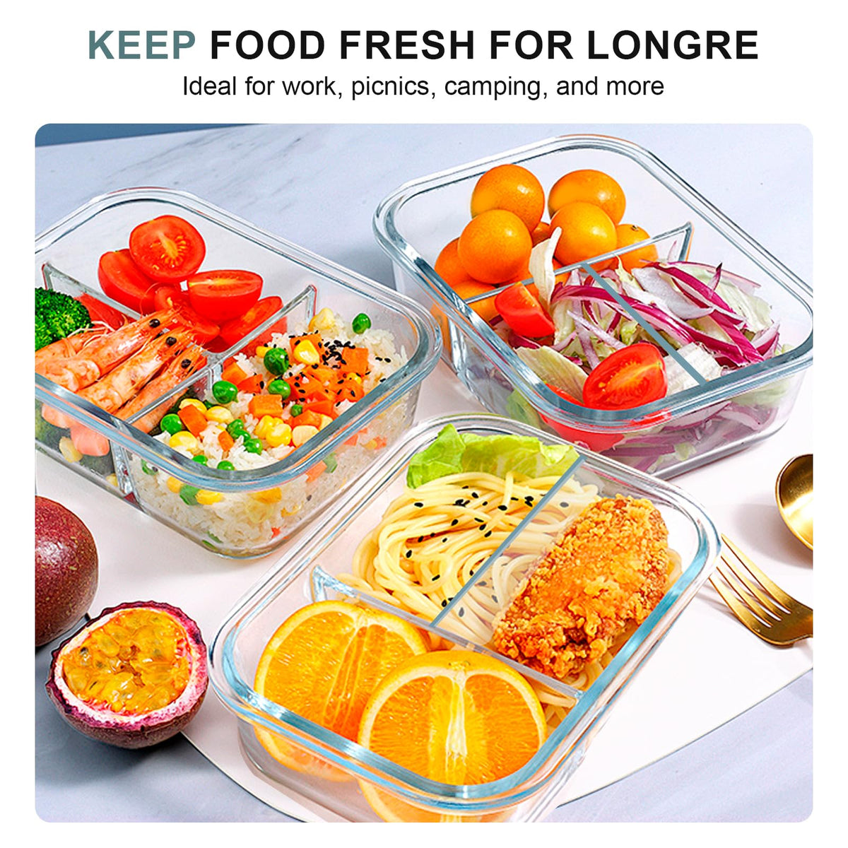 Freezer-safe glass stores prepped meals for quick reheats.