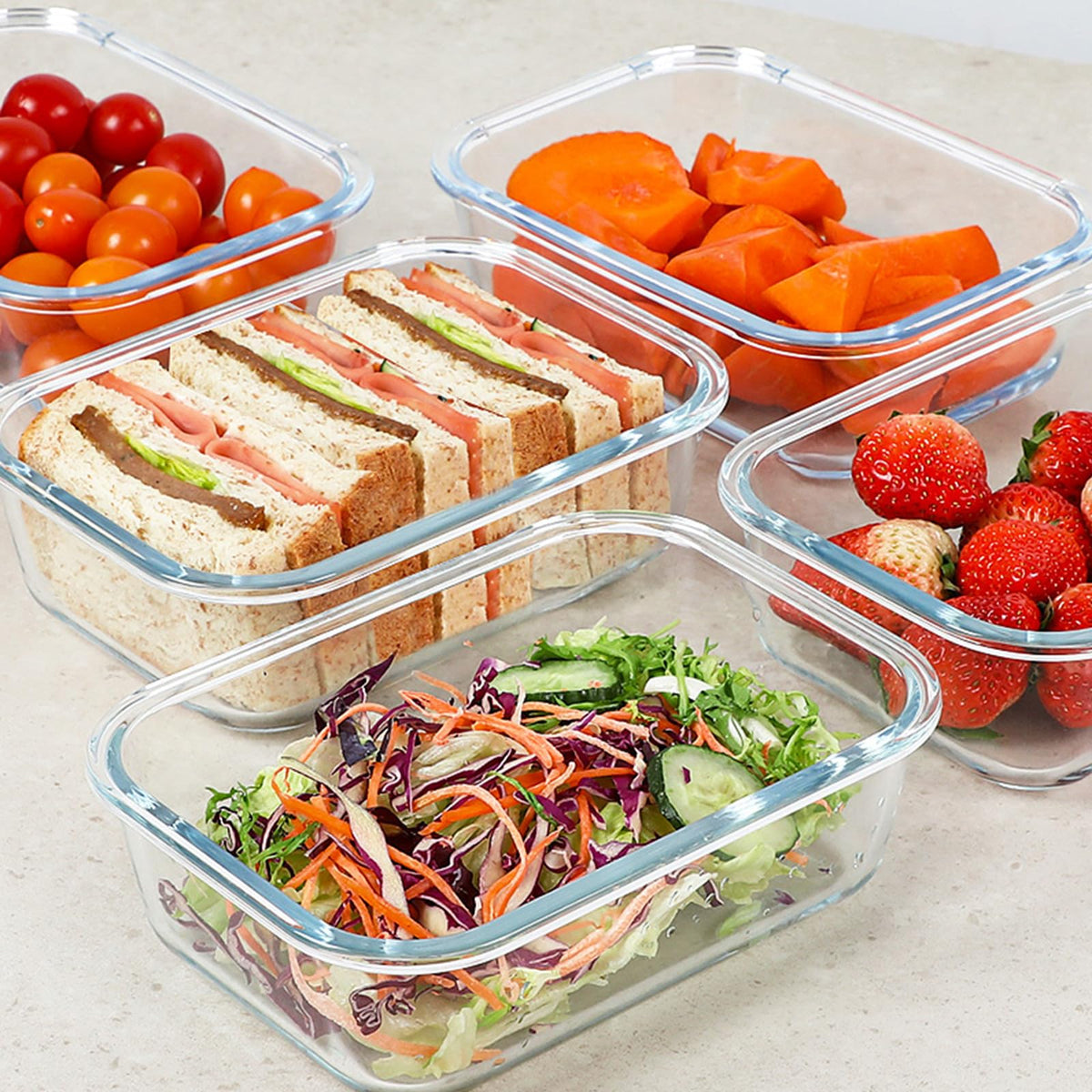 KOMUEE glass container lids with leak-proof seal for on-the-go lunches.