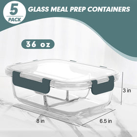 Stacked glass containers save space in a compact kitchen.