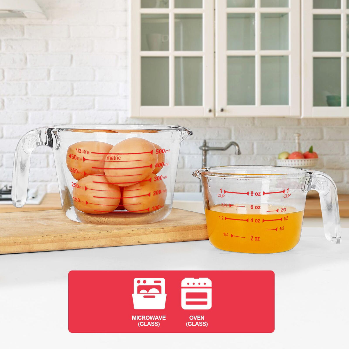 Komuee 1-cup glass measuring cup with lid for safe, stored liquids.