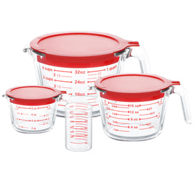 Komuee glass measuring cup with 5 oz capacity and clear markings for precise pours.
