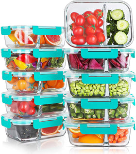 KOMUEE 30oz glass meal prep container with two compartments keeps meals organized.