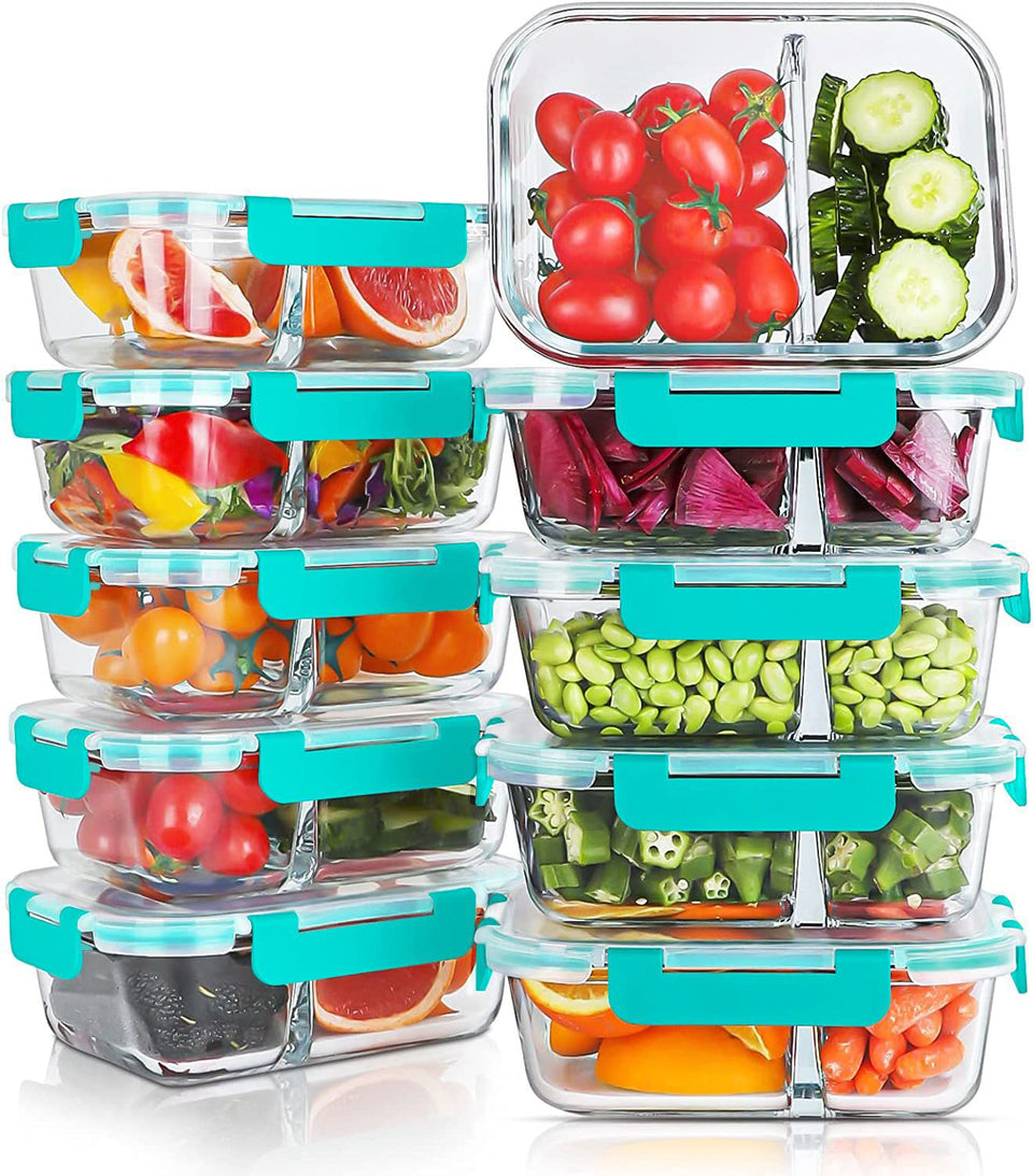 KOMUEE 30oz glass meal prep container with two compartments keeps meals organized.