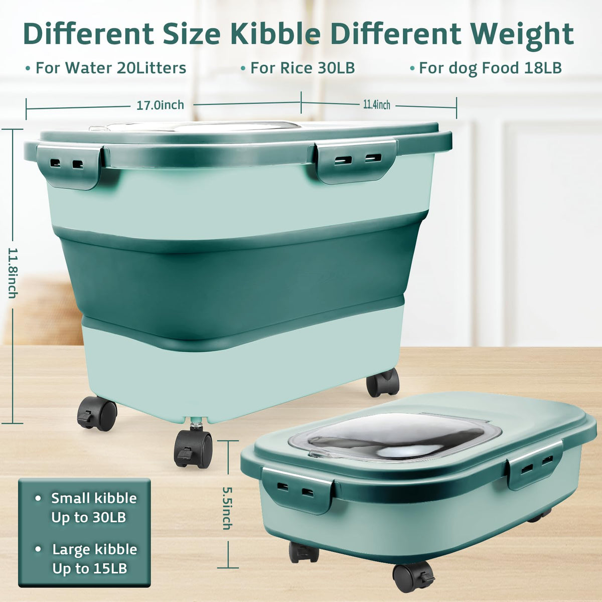 Komzon collapsible rice storage bin folded to save space in a cabinet