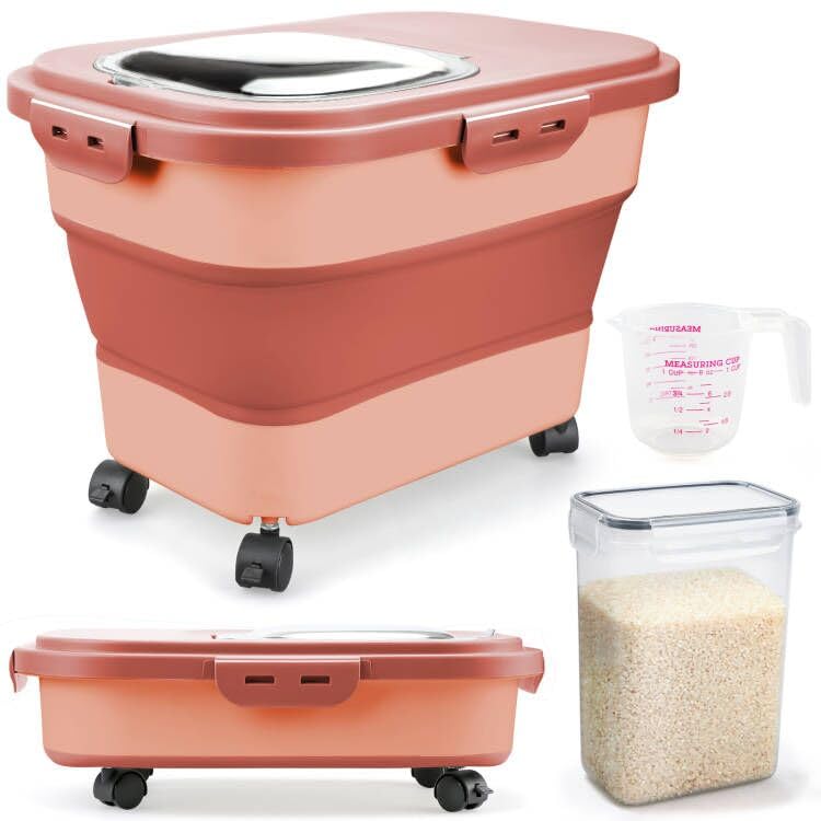 Komzon collapsible rice storage bin keeps dry foods neatly organized and ready to use.