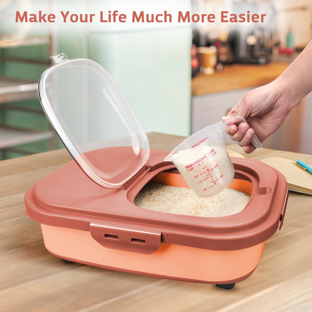 Komzon roomy design suits rice, pet food, flour, and cereal on busy kitchen counters.
