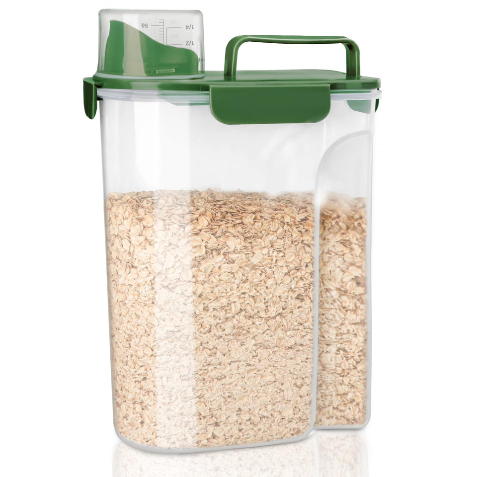 Komzon rice container with pour spout for easy one-handed serving.
