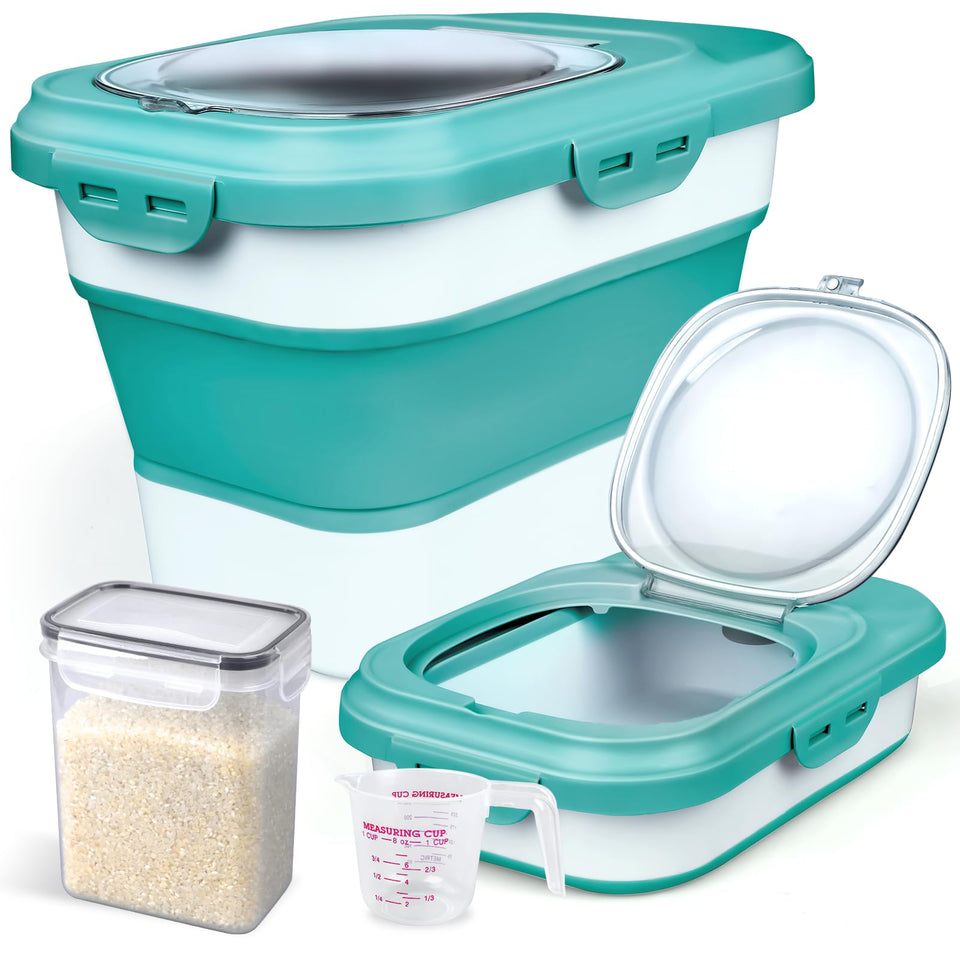 Komzon rice container shows folded and unfolded capacity for pantry use