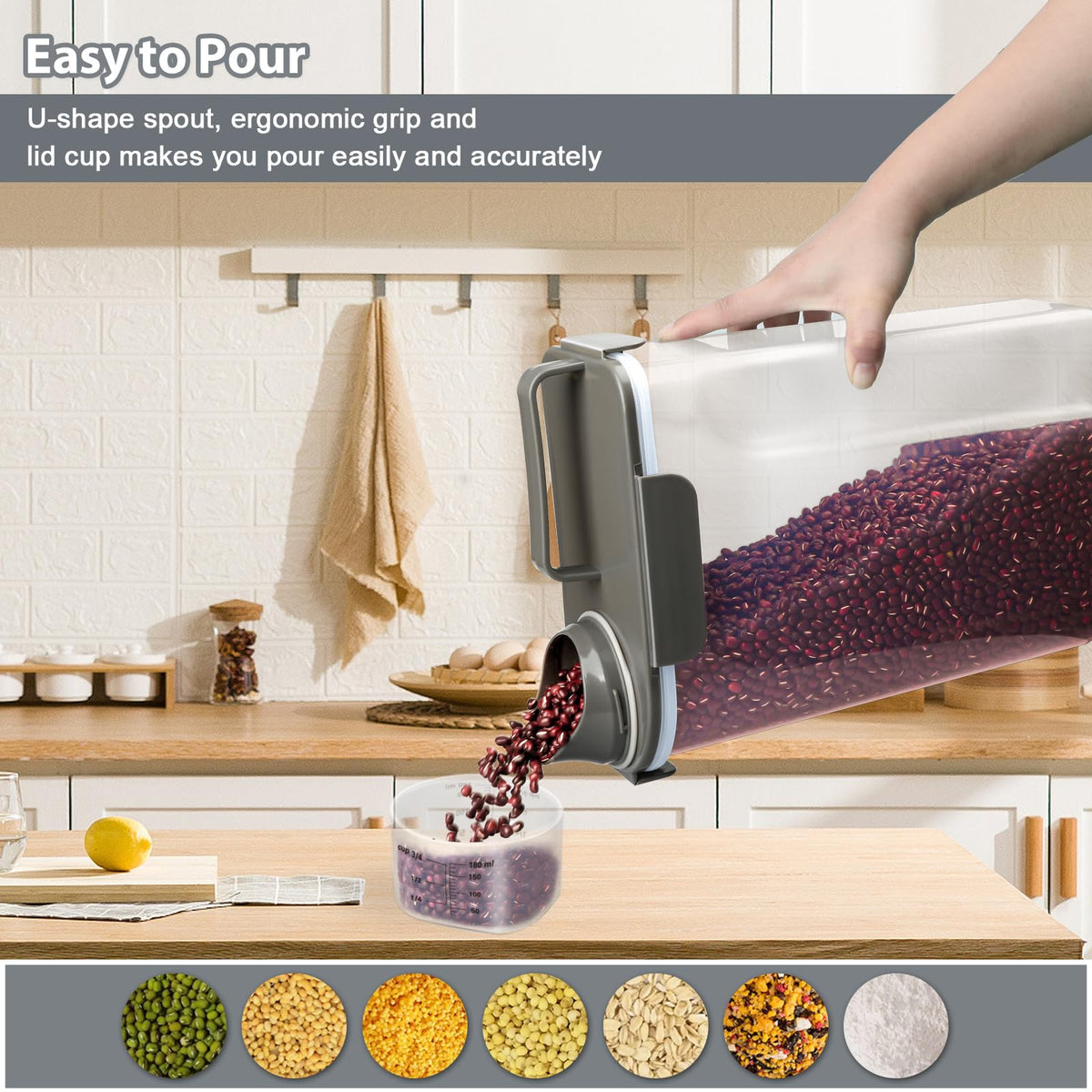 Komzon rice container shows measuring cup and pour spout for neat pouring.