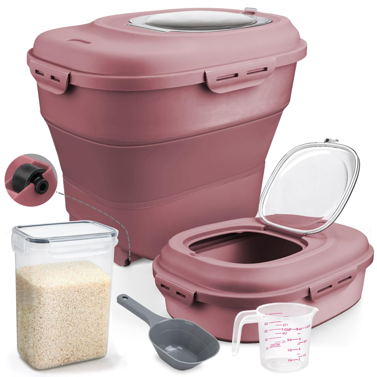 Komzon pink collapsible rice bin full view shows 50lb capacity