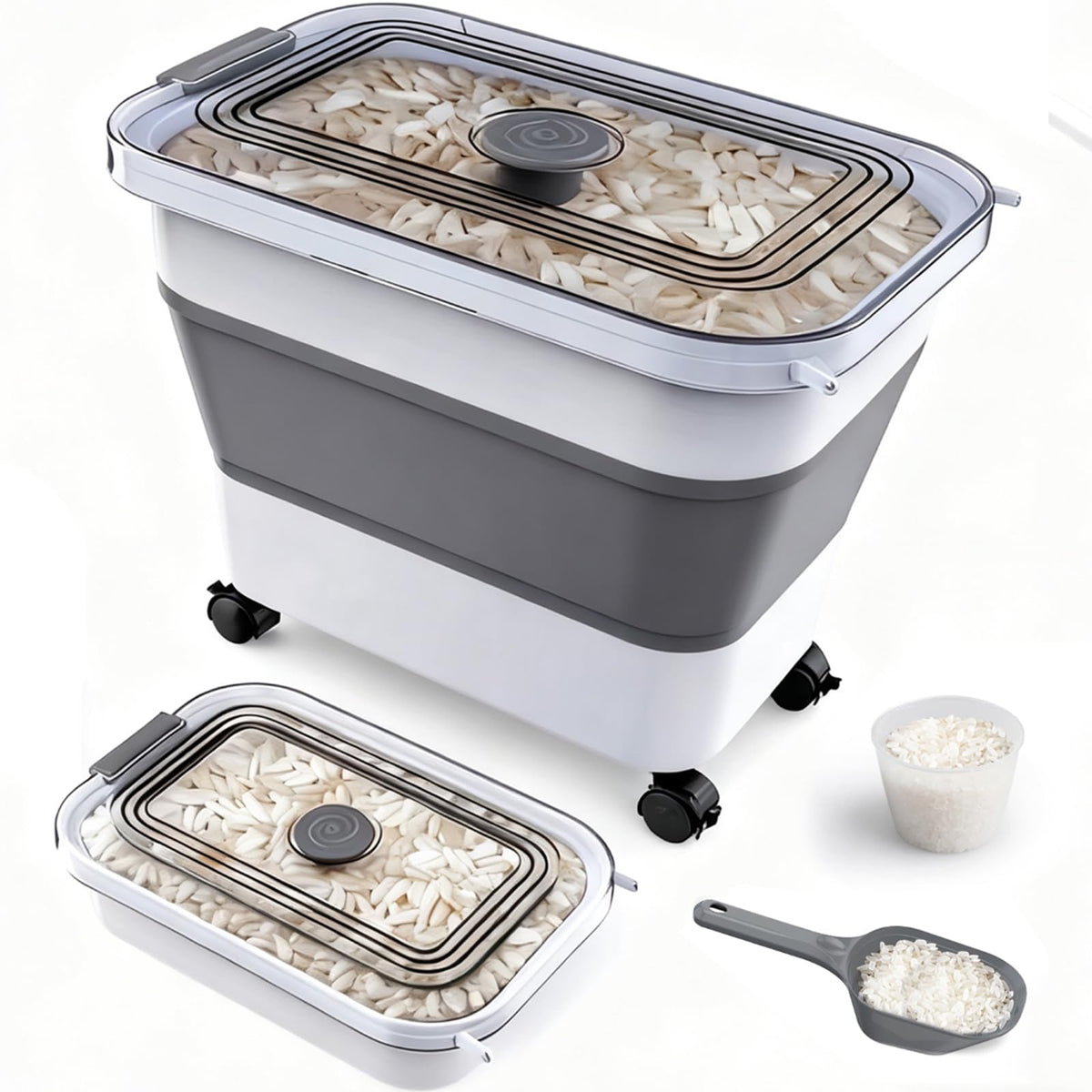 Komzon rice storage container with foldable design for compact storage and easy access.