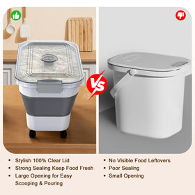 Komzon rice storage container folds to 10 lb and expands to 30 lb for flexible use.