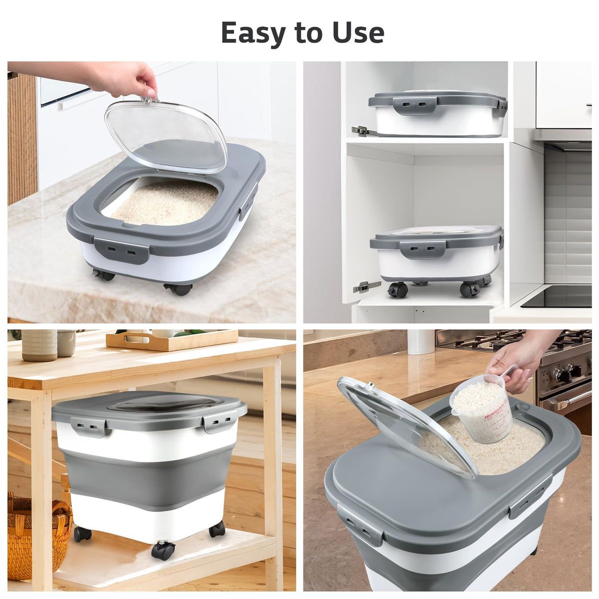 Komzon rice container with detachable wheels for easy maneuvering.