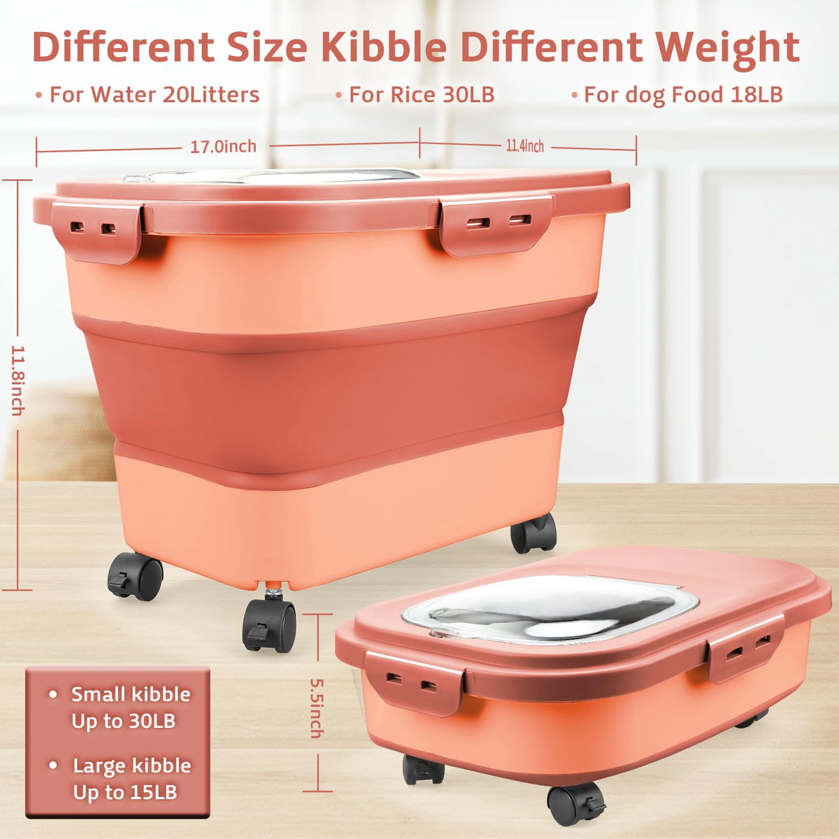 Komzon wheeled storage bin with wheels eases moving heavy bags of rice or pet food.