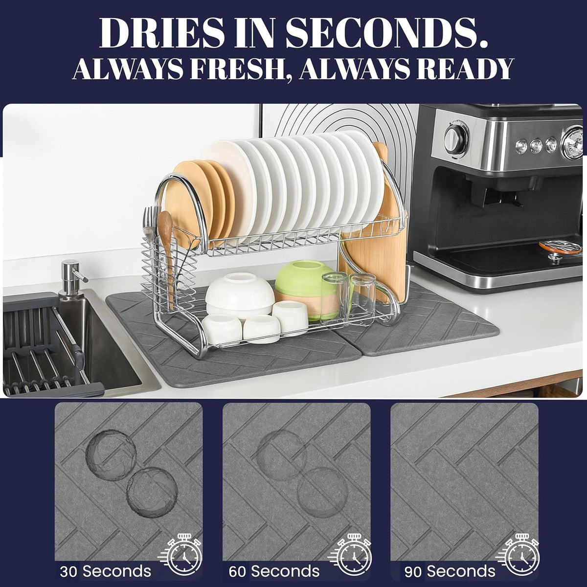 Kondito dish mat on counter with dishes staying dry and tidy