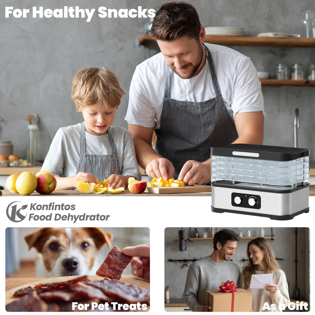 Konfintos five stackable transparent trays enabling visible progress during drying