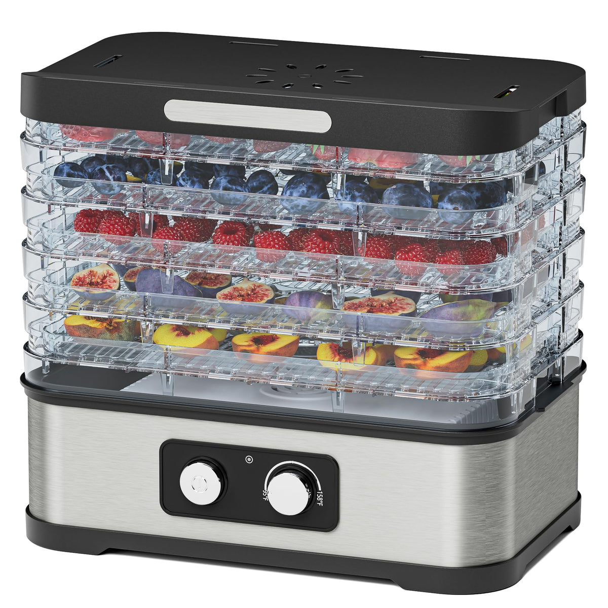 Konfintos food dehydrator showing jerky tray and compact design for beef and fruit drying